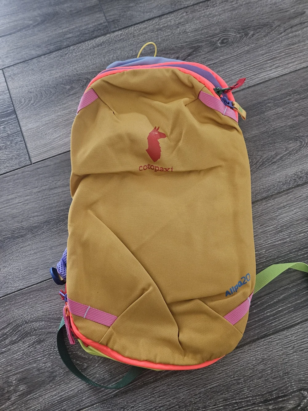 cotopaxi Allpa Daypack in mustard yellow with pink and purple accents